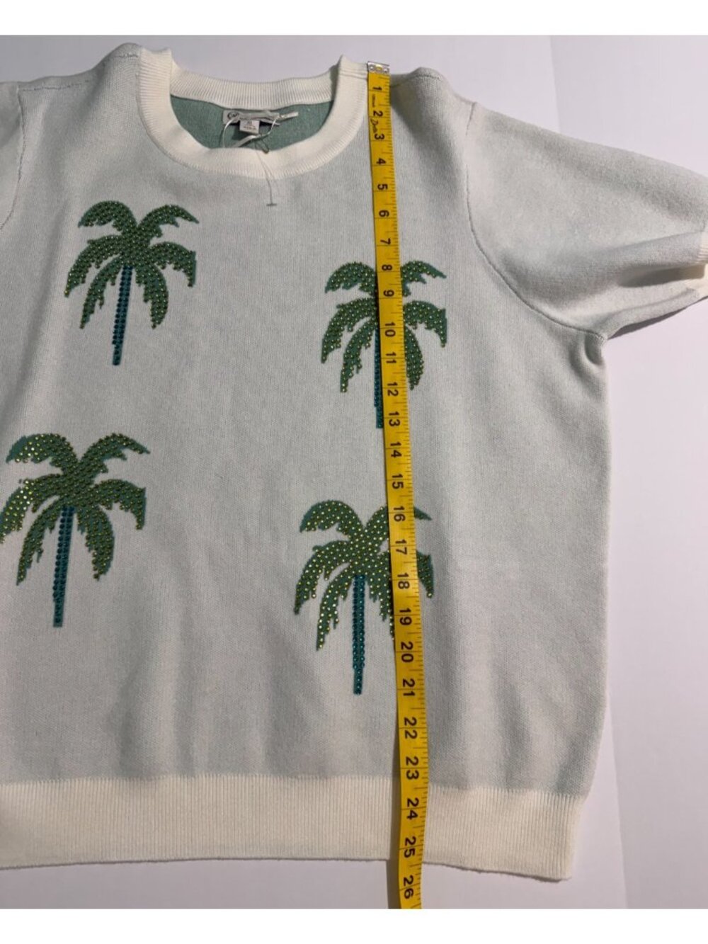 Cato Palm Tree Sweater XL Top Embellished Tropical Beige Short Sleeve NWT - Picture 11 of 11